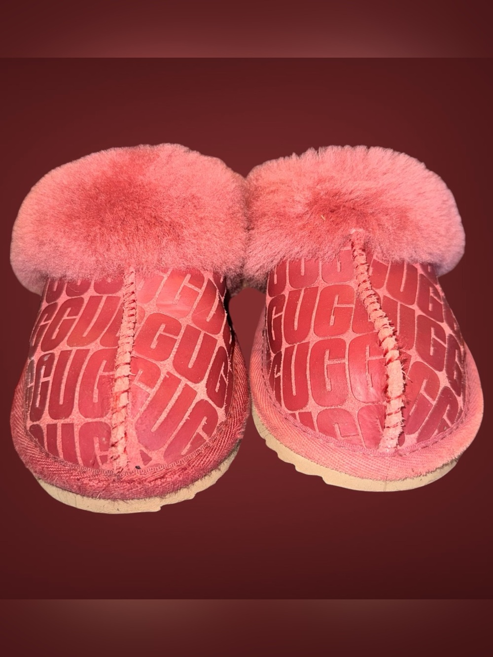 UGG Kids Disquette Logo Shadow Coral / Pink Shearling Slipper Clogs Size 12C